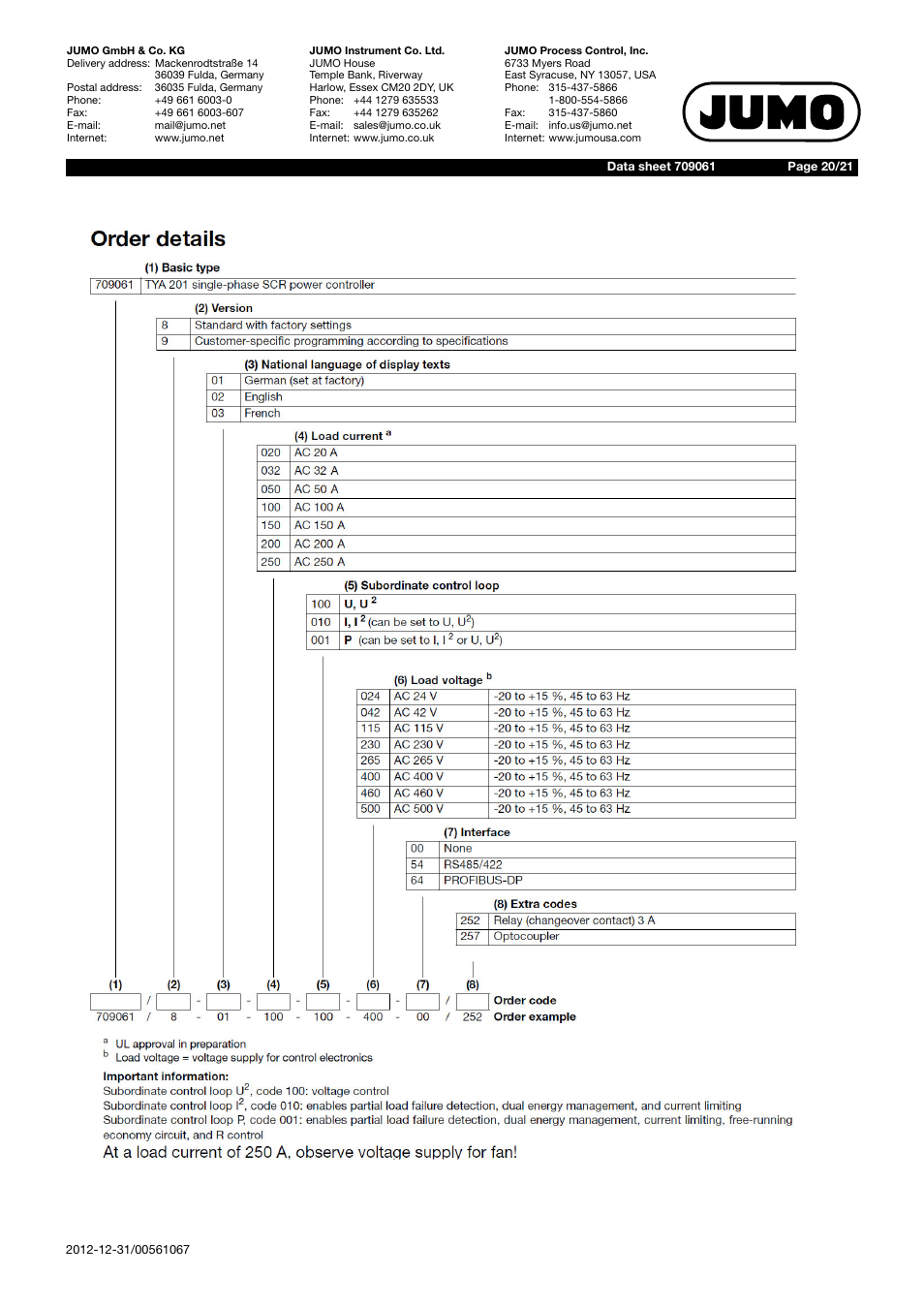 JUMO 709061 TYA 201 - Single-Phase Power Controller Data Sheet User Manual | Page 20 / 21