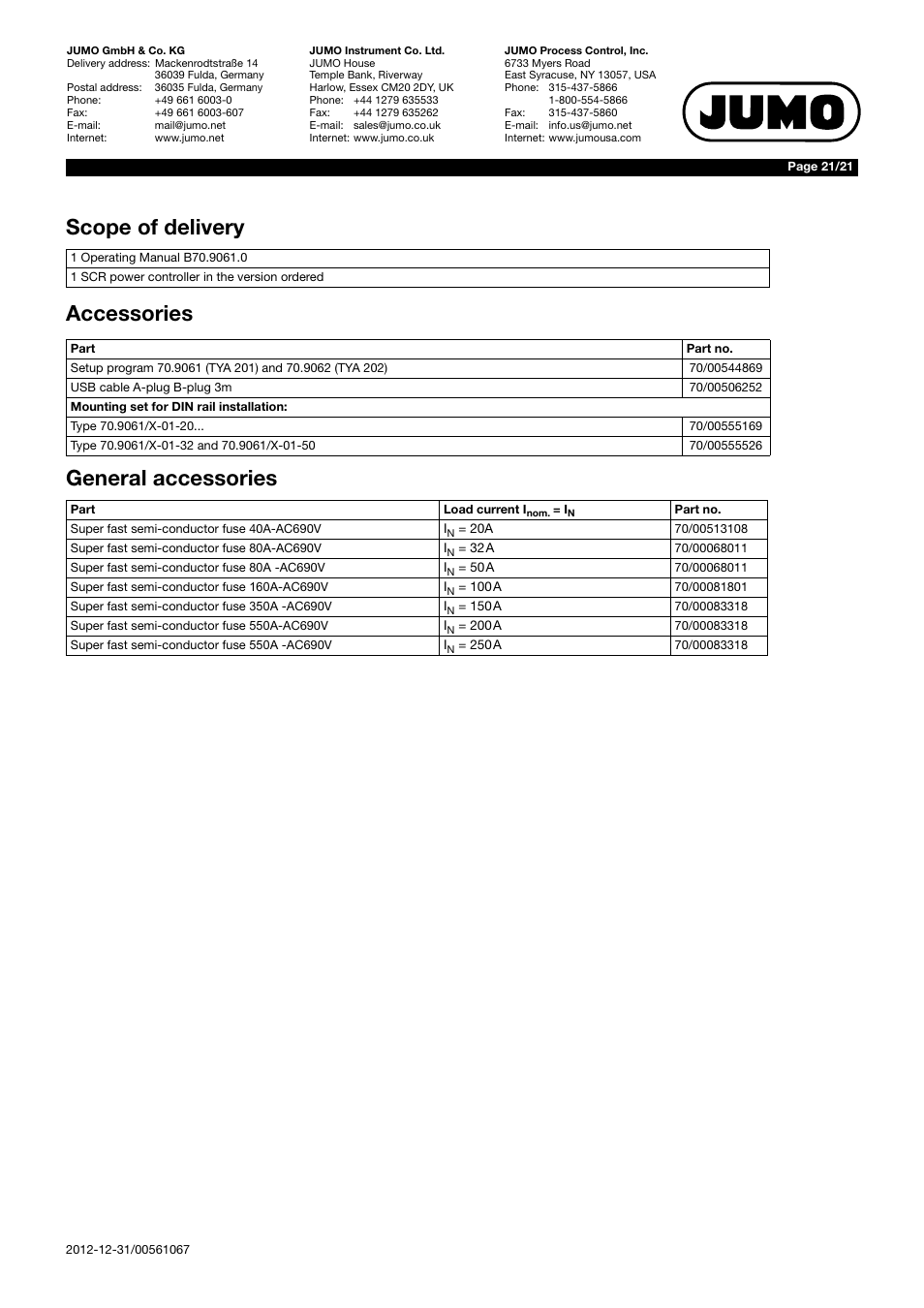 Scope of delivery accessories general accessories | JUMO 709061 TYA 201 - Single-Phase Power Controller Data Sheet User Manual | Page 21 / 21