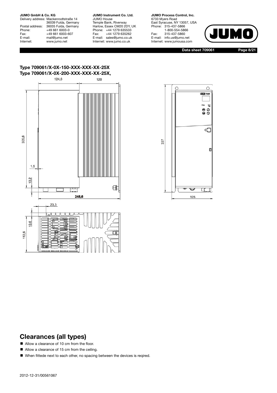 Clearances (all types) | JUMO 709061 TYA 201 - Single-Phase Power Controller Data Sheet User Manual | Page 8 / 21