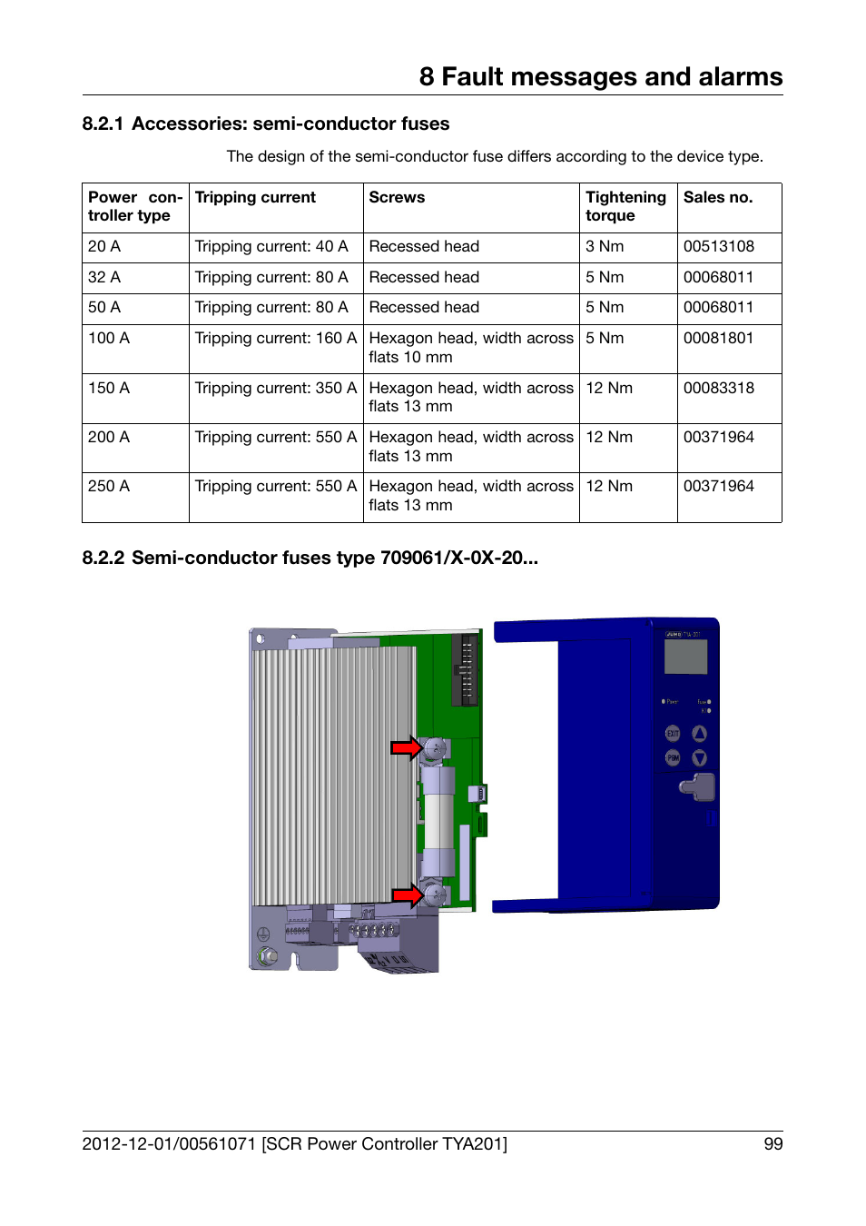1 accessories: semi-conductor fuses, 2 semi-conductor fuses type 709061/x-0x-20, Accessories: semi-conductor fuses | Semi-conductor fuses type 709061/x-0x-20, 8 fault messages and alarms | JUMO 709061 TYA 201 - Single-Phase Power Controller Operating Manual User Manual | Page 101 / 112