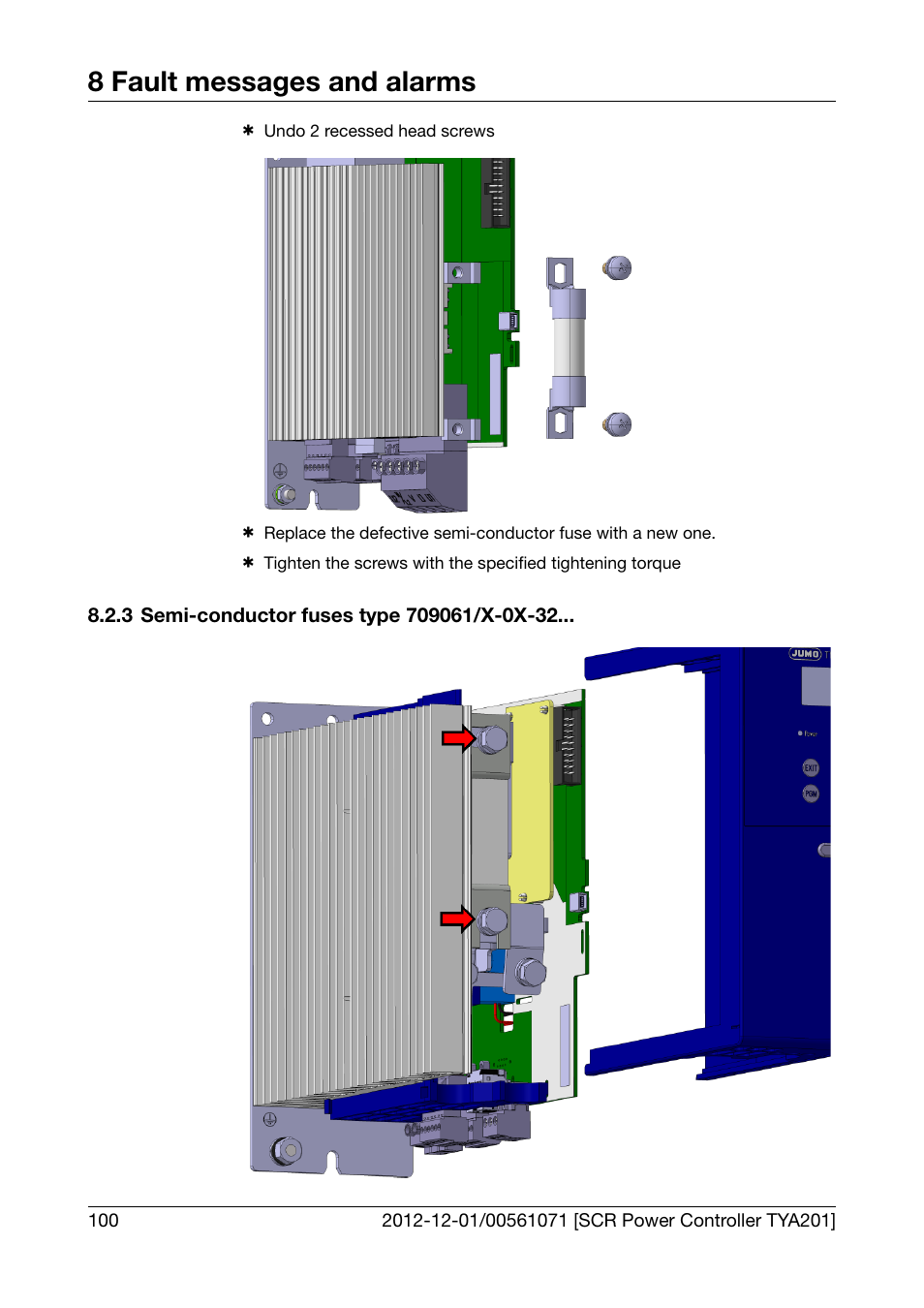 3 semi-conductor fuses type 709061/x-0x-32, Semi-conductor fuses type 709061/x-0x-32, 8 fault messages and alarms | JUMO 709061 TYA 201 - Single-Phase Power Controller Operating Manual User Manual | Page 102 / 112