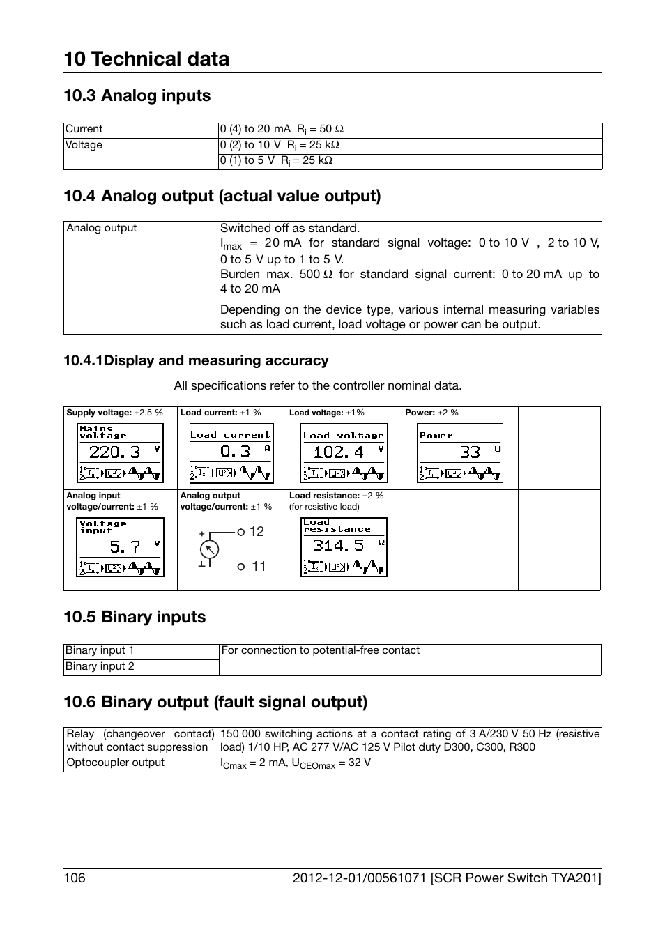 3 analog inputs, 4 analog output (actual value output), 1 display and measuring accuracy | 5 binary inputs, 6 binary output (fault signal output), Analog inputs, Analog output (actual value output), Binary inputs, Binary output (fault signal output), 10 technical data | JUMO 709061 TYA 201 - Single-Phase Power Controller Operating Manual User Manual | Page 108 / 112
