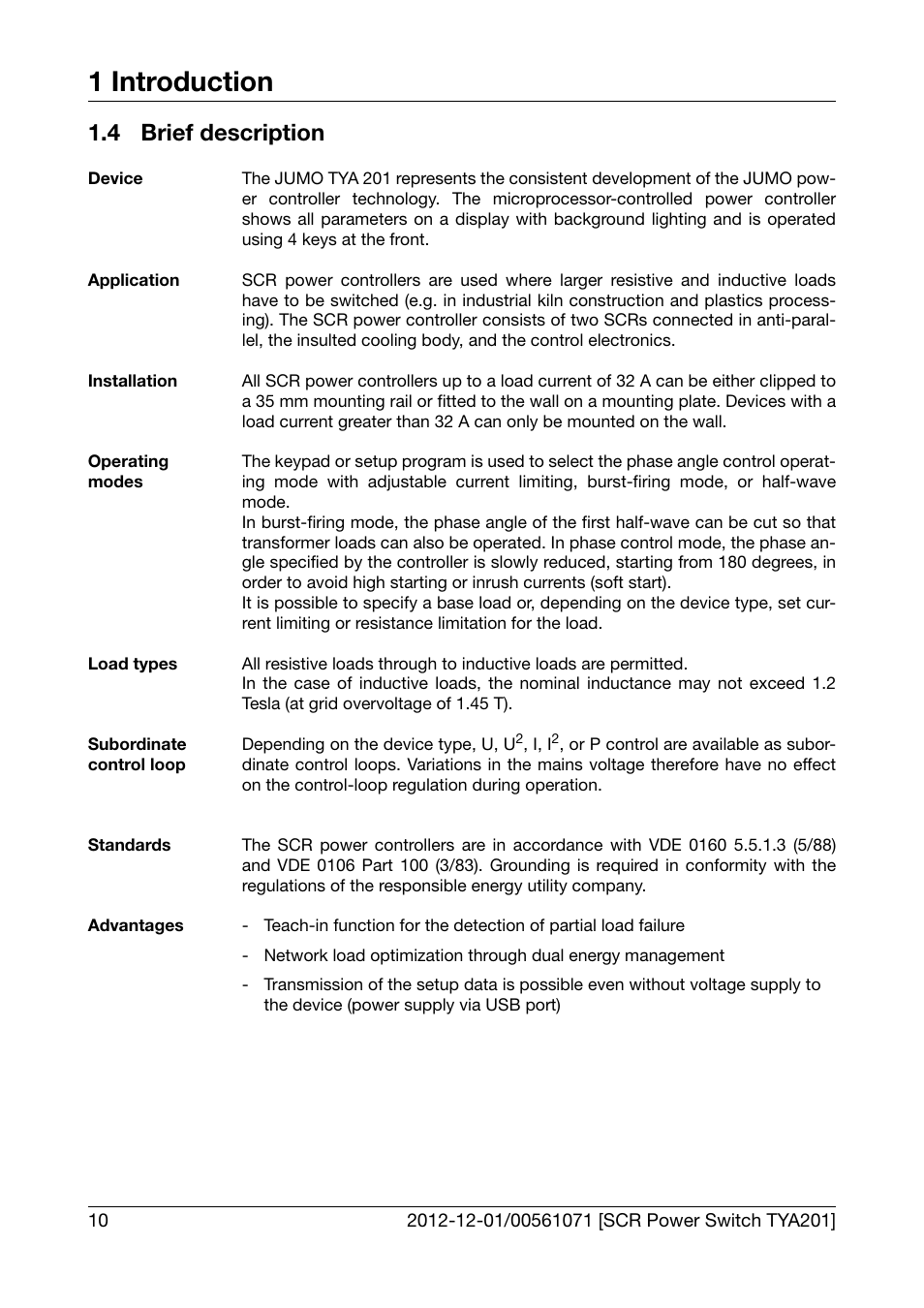 4 brief description, Brief description, 1 introduction | JUMO 709061 TYA 201 - Single-Phase Power Controller Operating Manual User Manual | Page 12 / 112