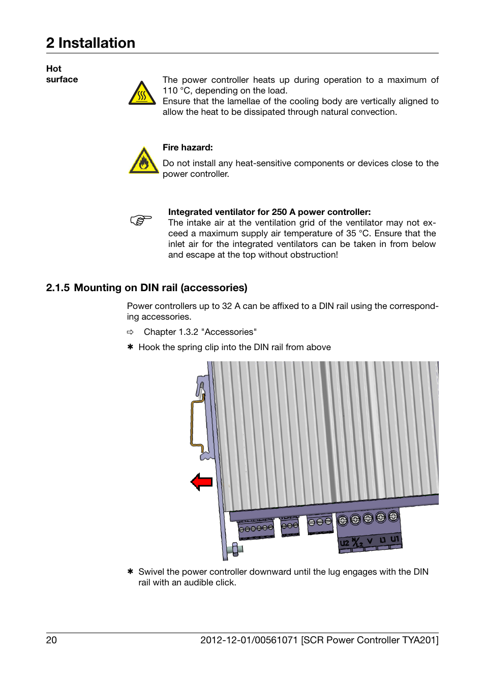 5 mounting on din rail (accessories), Mounting on din rail (accessories), 2 installation | JUMO 709061 TYA 201 - Single-Phase Power Controller Operating Manual User Manual | Page 22 / 112