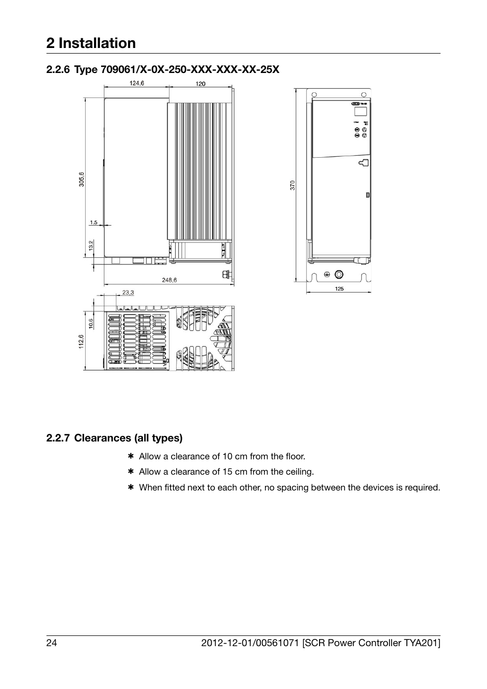6 type 709061/x-0x-250-xxx-xxx-xx-25x, 7 clearances (all types), Type 709061/x-0x-250-xxx-xxx-xx-25x | Clearances (all types), 2 installation | JUMO 709061 TYA 201 - Single-Phase Power Controller Operating Manual User Manual | Page 26 / 112