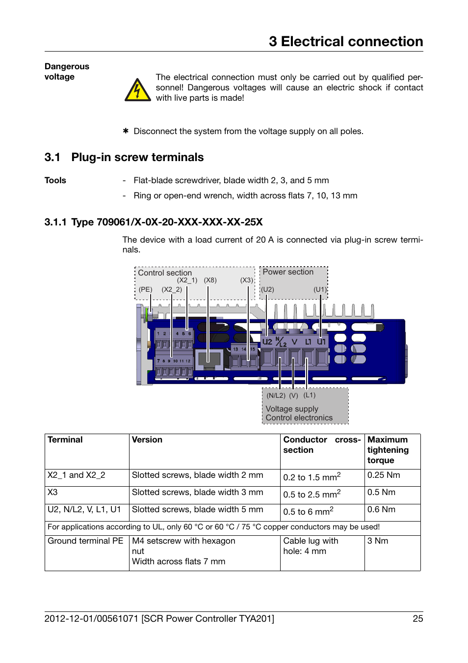 3 electrical connection, 1 plug-in screw terminals, 1 type 709061/x-0x-20-xxx-xxx-xx-25x | Electrical connection, Plug-in screw terminals, Type 709061/x-0x-20-xxx-xxx-xx-25x | JUMO 709061 TYA 201 - Single-Phase Power Controller Operating Manual User Manual | Page 27 / 112