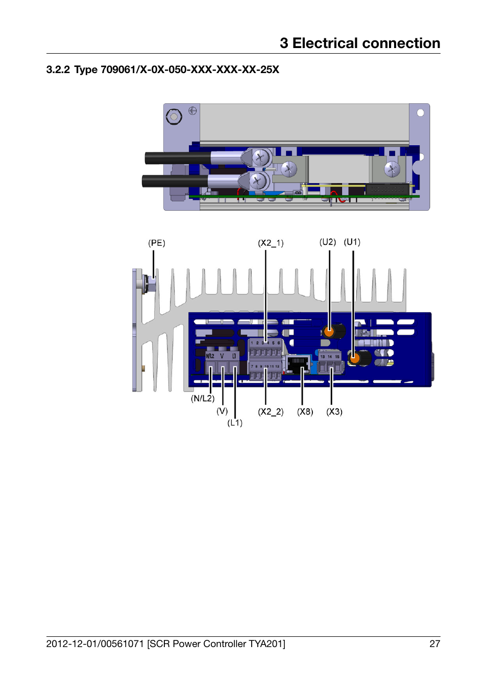 2 type 709061/x-0x-050-xxx-xxx-xx-25x, Type 709061/x-0x-050-xxx-xxx-xx-25x, 3 electrical connection | JUMO 709061 TYA 201 - Single-Phase Power Controller Operating Manual User Manual | Page 29 / 112