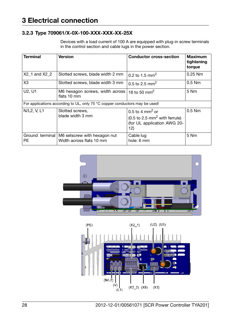 3 type 709061/x-0x-100-xxx-xxx-xx-25x, Type 709061/x-0x-100-xxx-xxx-xx-25x, 3 electrical connection | JUMO 709061 TYA 201 - Single-Phase Power Controller Operating Manual User Manual | Page 30 / 112