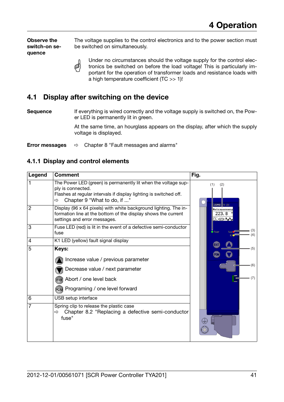 4 operation, 1 display after switching on the device, 1 display and control elements | Operation, Display after switching on the device, Display and control elements | JUMO 709061 TYA 201 - Single-Phase Power Controller Operating Manual User Manual | Page 43 / 112