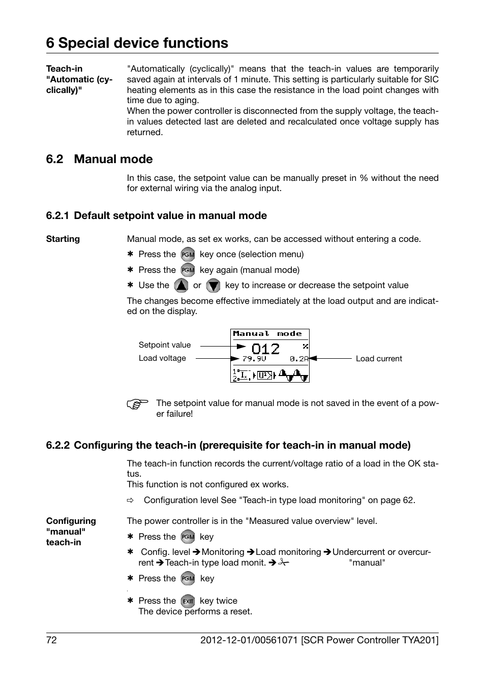 2 manual mode, 1 default setpoint value in manual mode, Manual mode | Default setpoint value in manual mode, For teach-in in manual mode), 6 special device functions | JUMO 709061 TYA 201 - Single-Phase Power Controller Operating Manual User Manual | Page 74 / 112