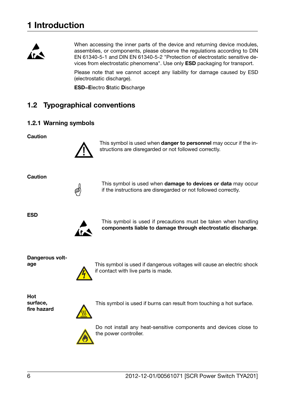 2 typographical conventions, 1 warning symbols, Typographical conventions | Warning symbols, 1 introduction | JUMO 709061 TYA 201 - Single-Phase Power Controller Operating Manual User Manual | Page 8 / 112