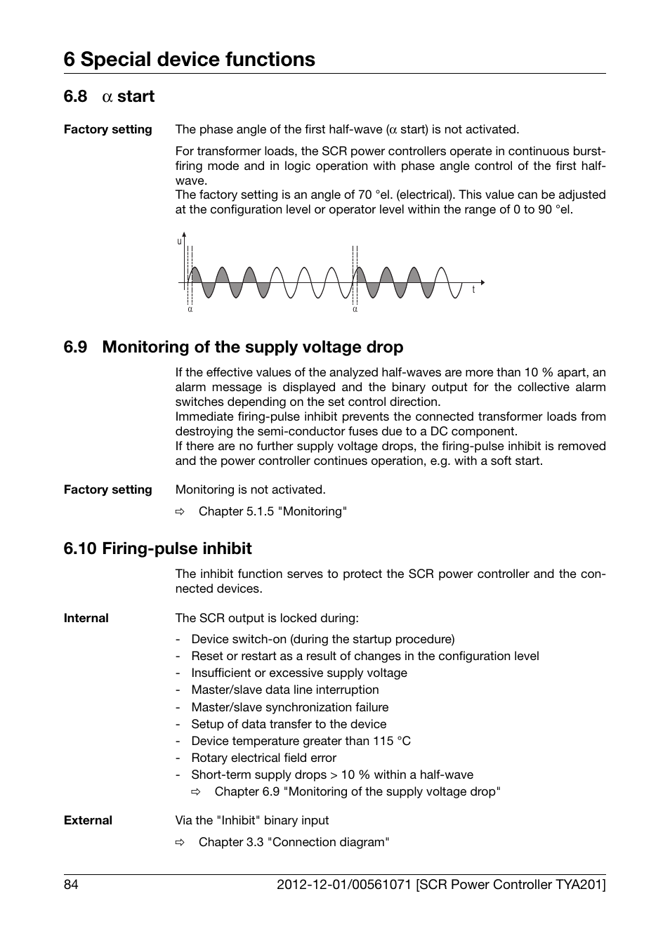 8 a start, 9 monitoring of the supply voltage drop, 10 firing-pulse inhibit | Monitoring of the supply voltage drop, Firing-pulse inhibit, 6 special device functions, 8 α start | JUMO 709061 TYA 201 - Single-Phase Power Controller Operating Manual User Manual | Page 86 / 112