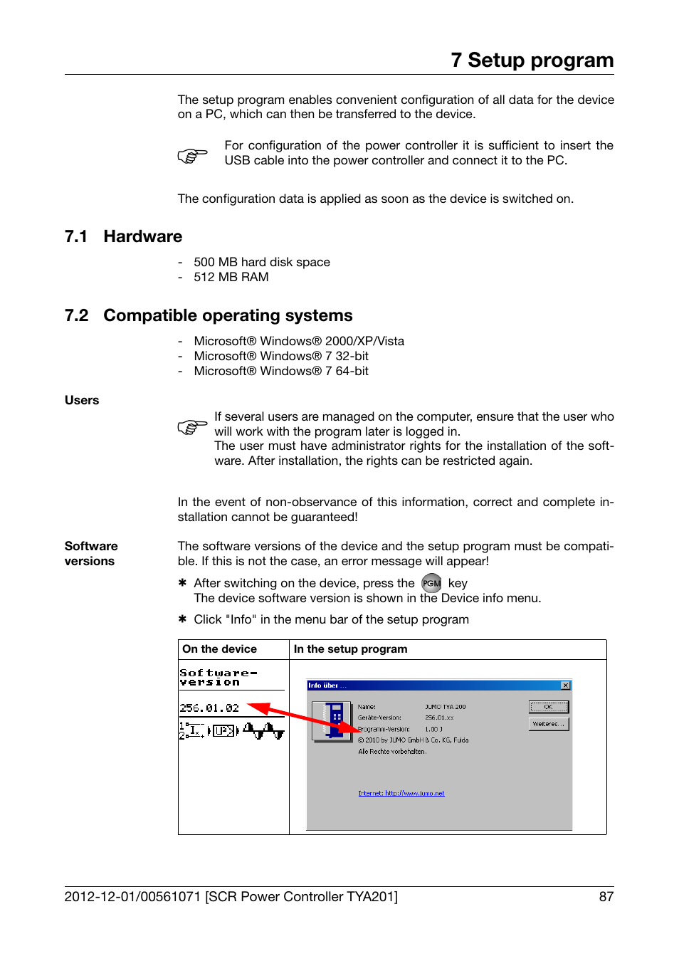 7 setup program, 1 hardware, 2 compatible operating systems | Setup program, Hardware, Compatible operating systems | JUMO 709061 TYA 201 - Single-Phase Power Controller Operating Manual User Manual | Page 89 / 112