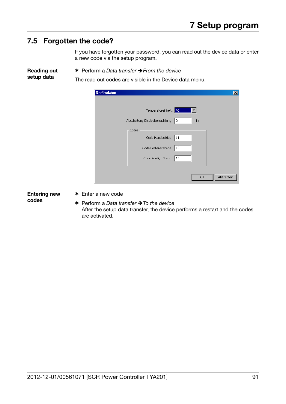 5 forgotten the code, Forgotten the code, 7 setup program | JUMO 709061 TYA 201 - Single-Phase Power Controller Operating Manual User Manual | Page 93 / 112