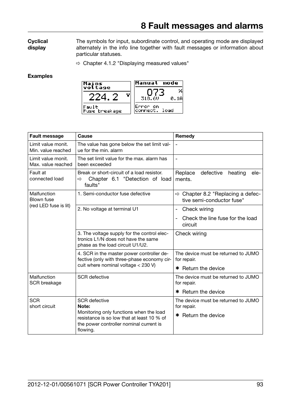 8 fault messages and alarms, Fault messages and alarms, Chapter 8 "fault messages and alarms | JUMO 709061 TYA 201 - Single-Phase Power Controller Operating Manual User Manual | Page 95 / 112
