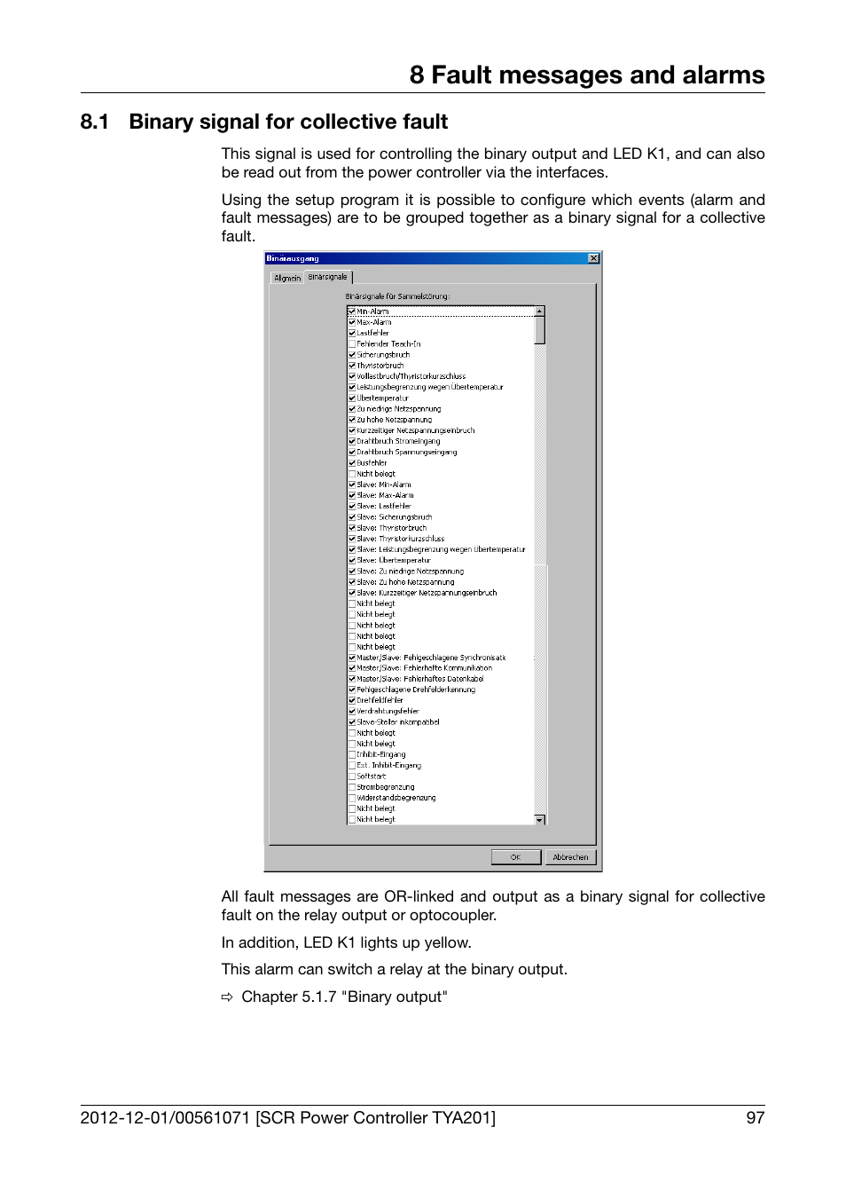 1 binary signal for collective fault, Binary signal for collective fault, 8 fault messages and alarms | JUMO 709061 TYA 201 - Single-Phase Power Controller Operating Manual User Manual | Page 99 / 112
