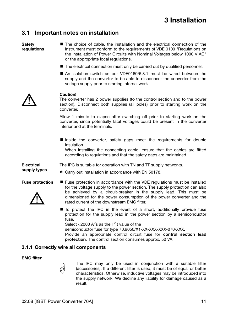 3 installation, 1 important notes on installation, 1 correctly wire all components | Installation, Important notes on installation, Correctly wire all components | JUMO 709050 IPC IGBT Power Converter IPC 70A Operating Manual User Manual | Page 11 / 48