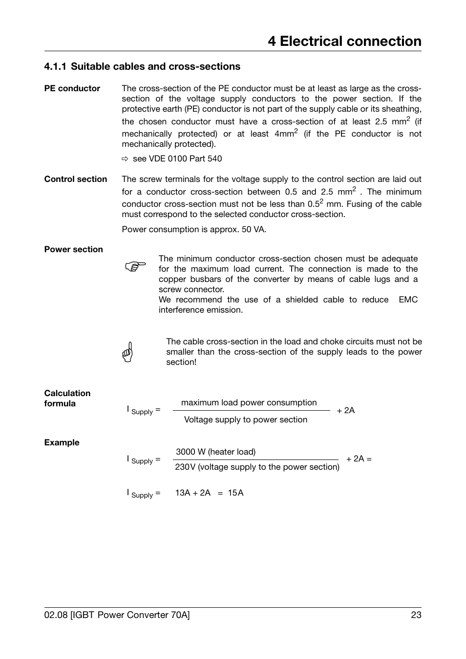 1 suitable cables and cross-sections, Suitable cables and cross-sections, 4 electrical connection | JUMO 709050 IPC IGBT Power Converter IPC 70A Operating Manual User Manual | Page 23 / 48