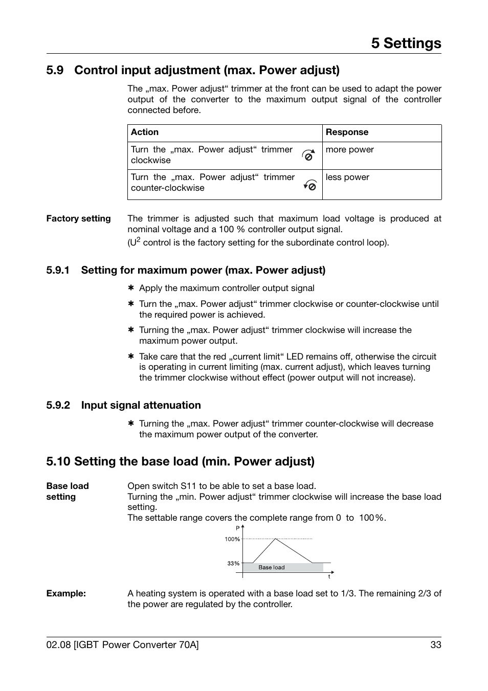 9 control input adjustment (max. power adjust), 1 setting for maximum power (max. power adjust), 2 input signal attenuation | 10 setting the base load (min. power adjust), Control input adjustment (max. power adjust), Setting for maximum power (max. power adjust), Input signal attenuation, Setting the base load (min. power adjust), 5 settings | JUMO 709050 IPC IGBT Power Converter IPC 70A Operating Manual User Manual | Page 33 / 48