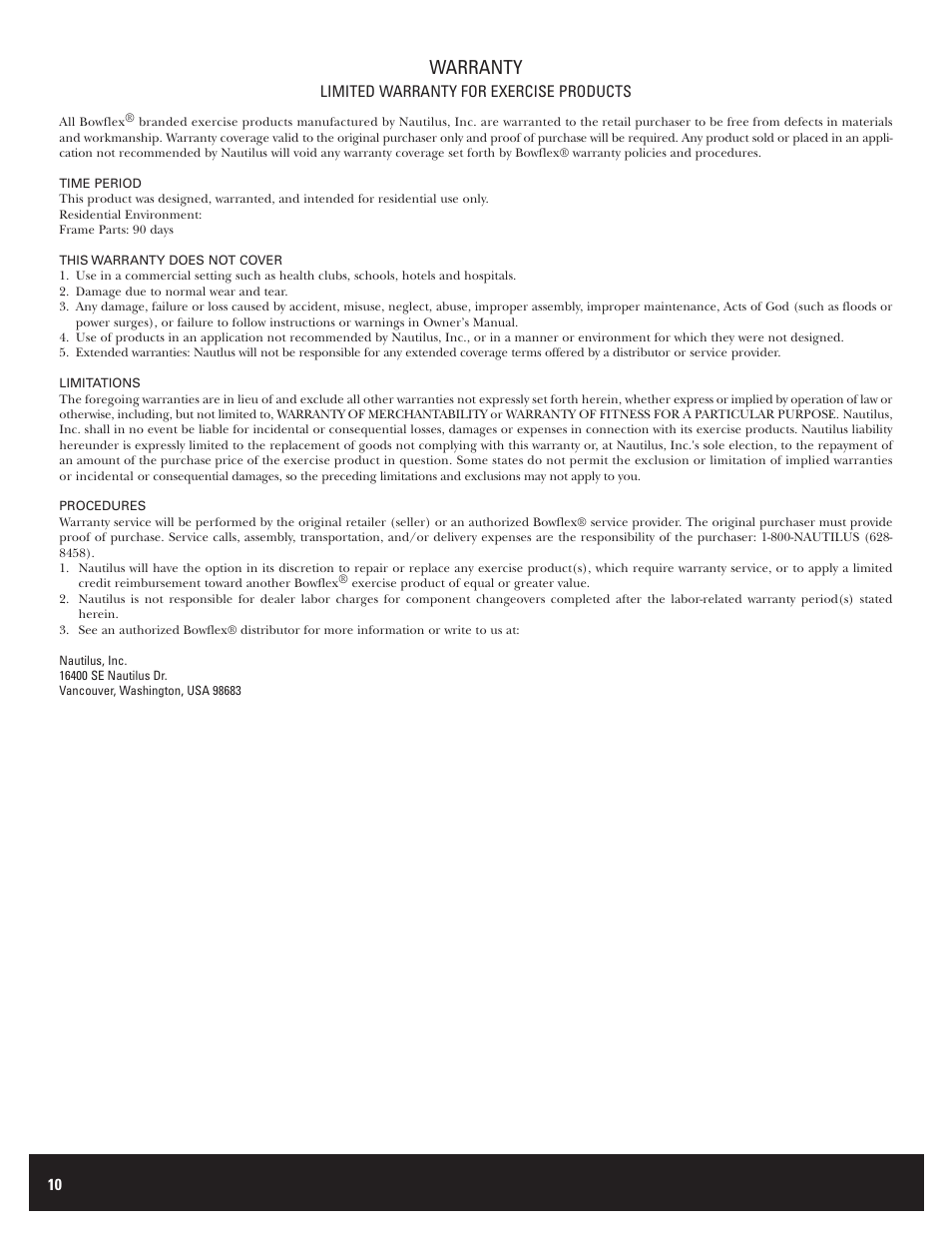 Warranty | Bowflex Ultimate 2 User Manual | Page 10 / 12