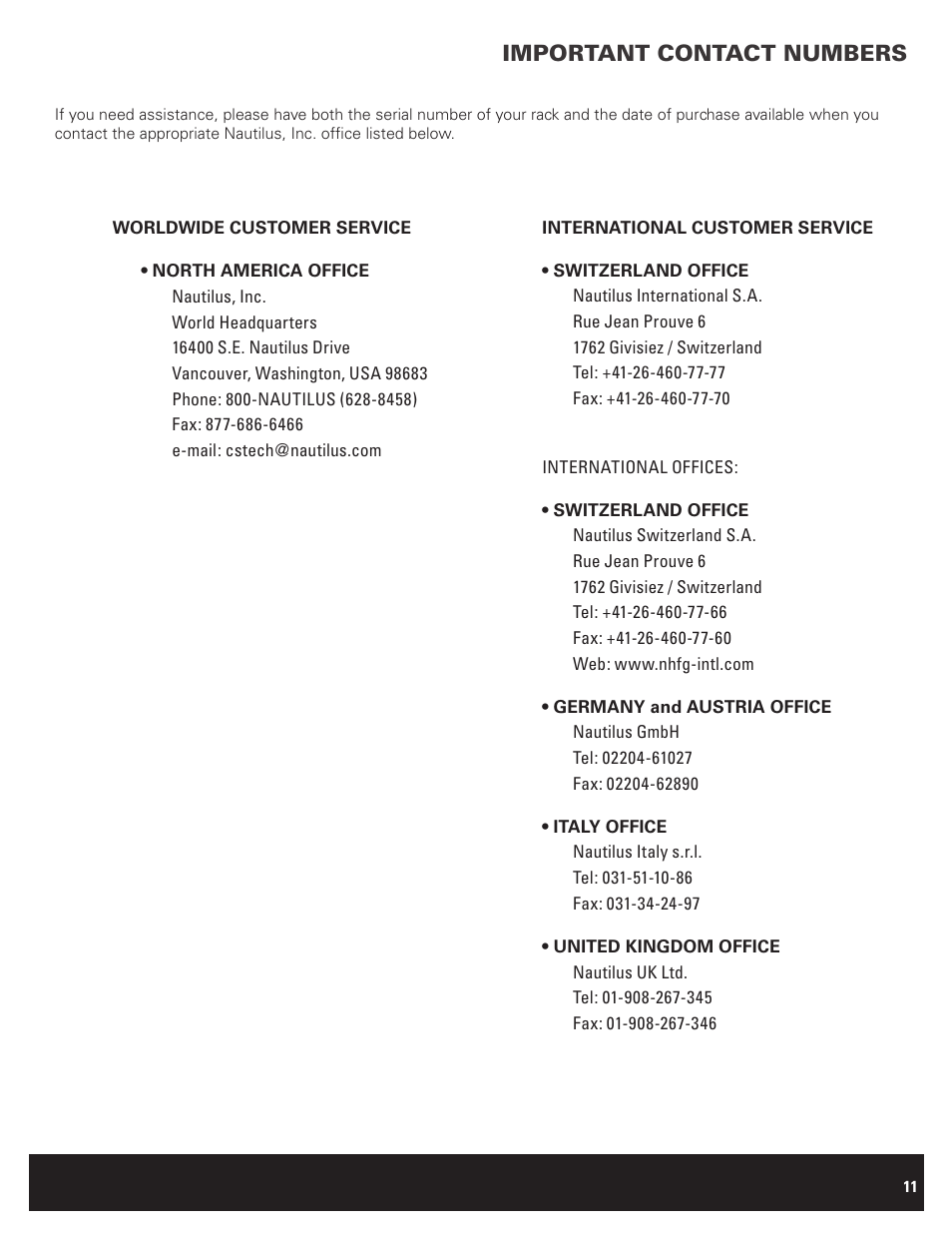Important contact numbers | Bowflex Ultimate 2 User Manual | Page 11 / 12