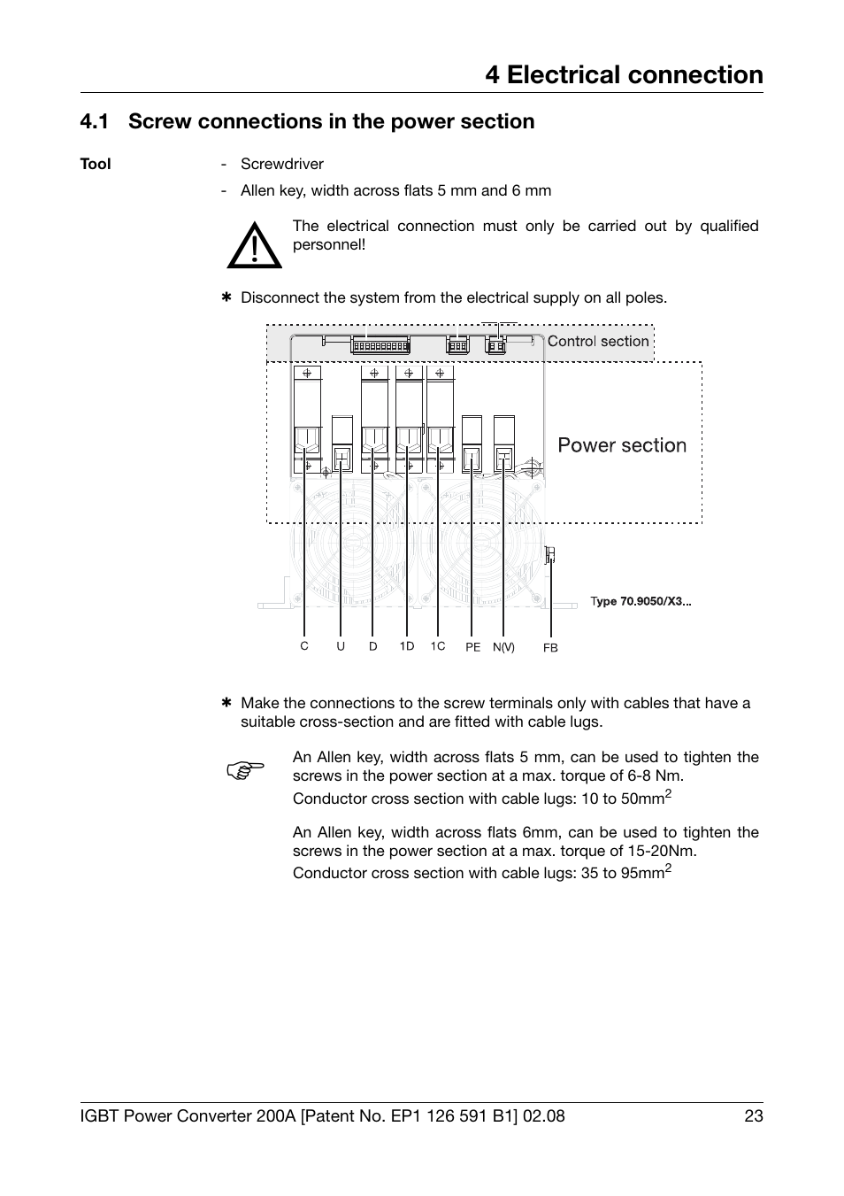4 electrical connection, 1 screw connections in the power section, Electrical connection | Screw connections in the power section | JUMO 709050 IPC IGBT Power Converter IPC 200A Operating Manual User Manual | Page 23 / 52