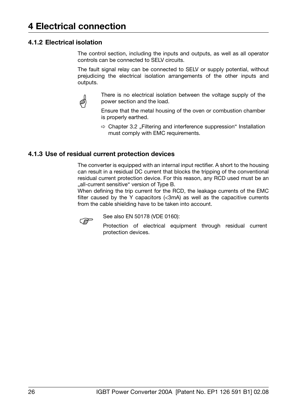 2 electrical isolation, 3 use of residual current protection devices, Electrical isolation | Use of residual current protection devices, 4 electrical connection | JUMO 709050 IPC IGBT Power Converter IPC 200A Operating Manual User Manual | Page 26 / 52