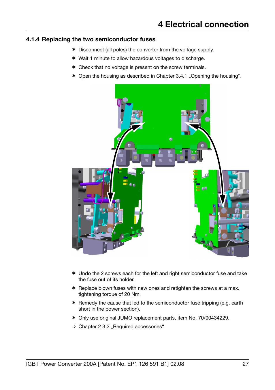 4 replacing the two semiconductor fuses, Replacing the two semiconductor fuses, 4 electrical connection | JUMO 709050 IPC IGBT Power Converter IPC 200A Operating Manual User Manual | Page 27 / 52
