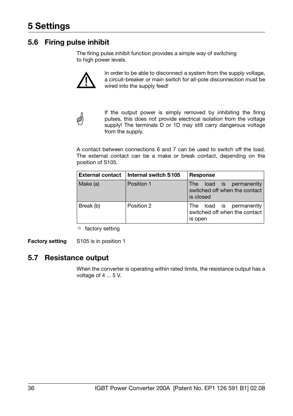 6 firing pulse inhibit, 7 resistance output, Firing pulse inhibit | Resistance output, 5 settings | JUMO 709050 IPC IGBT Power Converter IPC 200A Operating Manual User Manual | Page 36 / 52