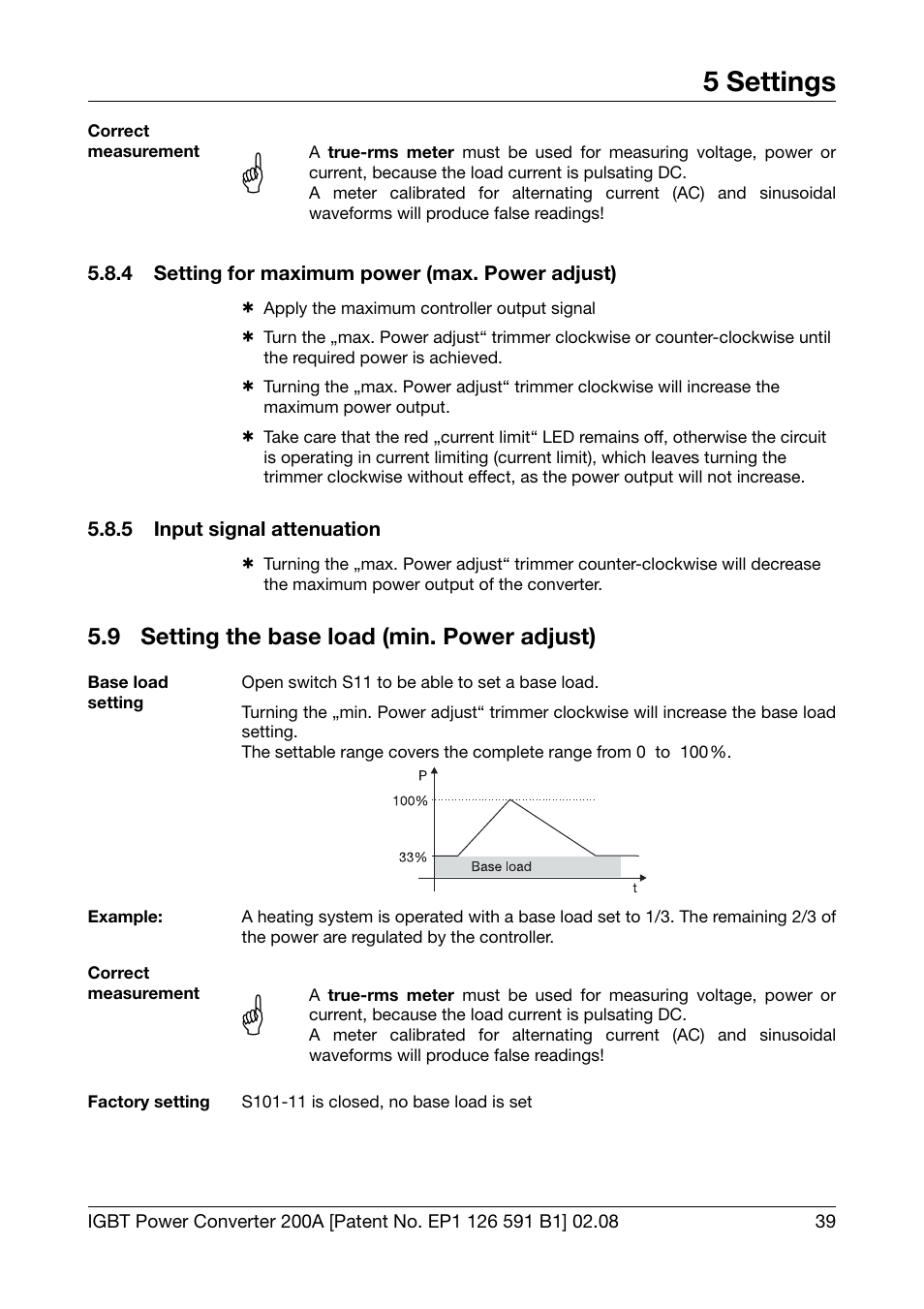 4 setting for maximum power (max. power adjust), 5 input signal attenuation, 9 setting the base load (min. power adjust) | Setting for maximum power (max. power adjust), Input signal attenuation, Setting the base load (min. power adjust), 5 settings | JUMO 709050 IPC IGBT Power Converter IPC 200A Operating Manual User Manual | Page 39 / 52
