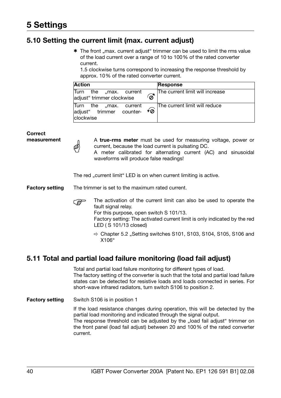 10 setting the current limit (max. current adjust), Setting the current limit (max. current adjust), Adjust) | Chapter 5.11 „total and partial load failure, Monitoring (load fail adjust), 5 settings | JUMO 709050 IPC IGBT Power Converter IPC 200A Operating Manual User Manual | Page 40 / 52