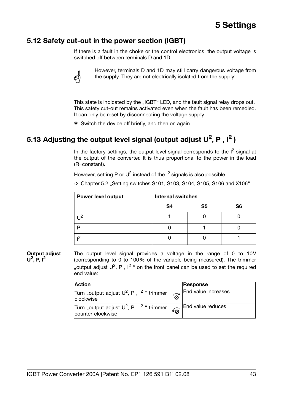 12 safety cut-out in the power section (igbt), Safety cut-out in the power section (igbt), Adjusting the output level signal (output adjust u | 5 settings, P , i | JUMO 709050 IPC IGBT Power Converter IPC 200A Operating Manual User Manual | Page 43 / 52