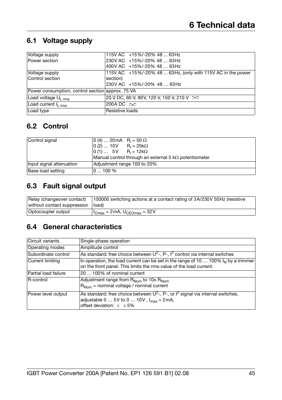 6 technical data, 1 voltage supply, 2 control | 3 fault signal output, 4 general characteristics, Technical data, Voltage supply, Control, Fault signal output, General characteristics | JUMO 709050 IPC IGBT Power Converter IPC 200A Operating Manual User Manual | Page 45 / 52