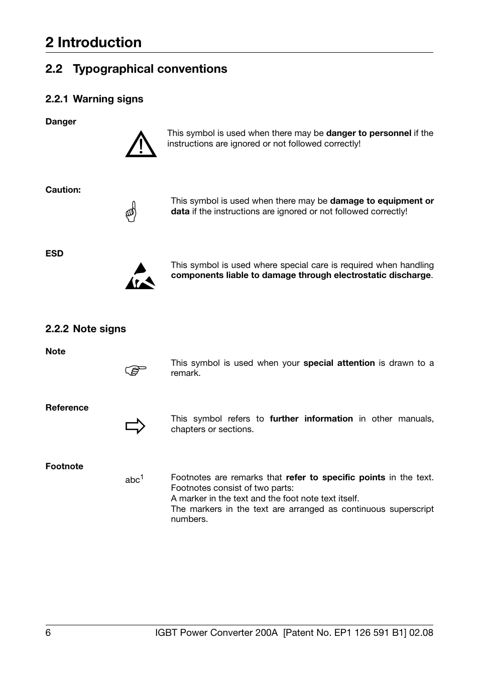 2 typographical conventions, 1 warning signs, 2 note signs | Typographical conventions, Warning signs, Note signs | JUMO 709050 IPC IGBT Power Converter IPC 200A Operating Manual User Manual | Page 6 / 52