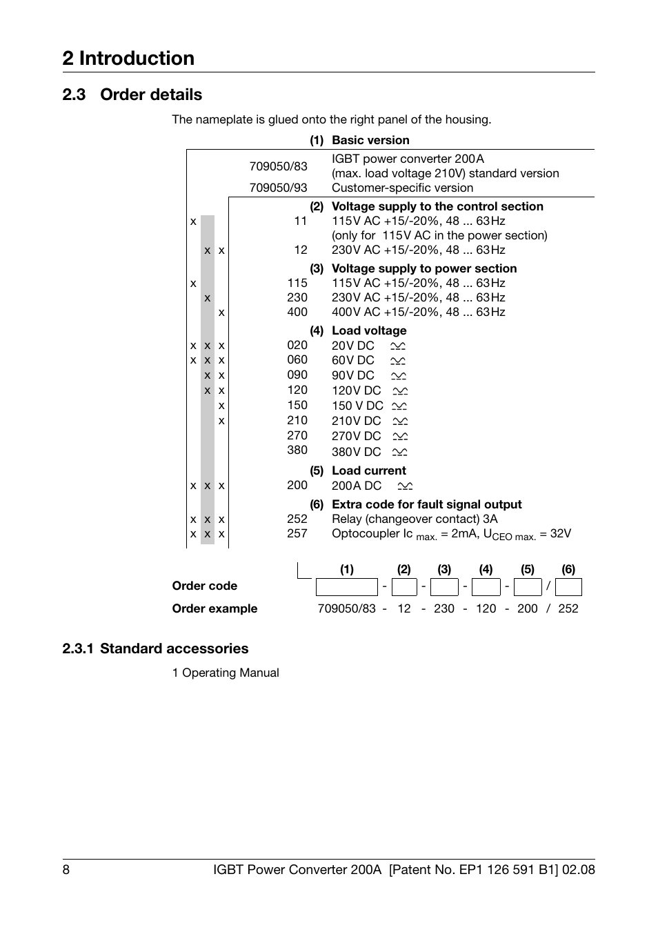 3 order details, 1 standard accessories, Order details | Standard accessories, 2 introduction | JUMO 709050 IPC IGBT Power Converter IPC 200A Operating Manual User Manual | Page 8 / 52