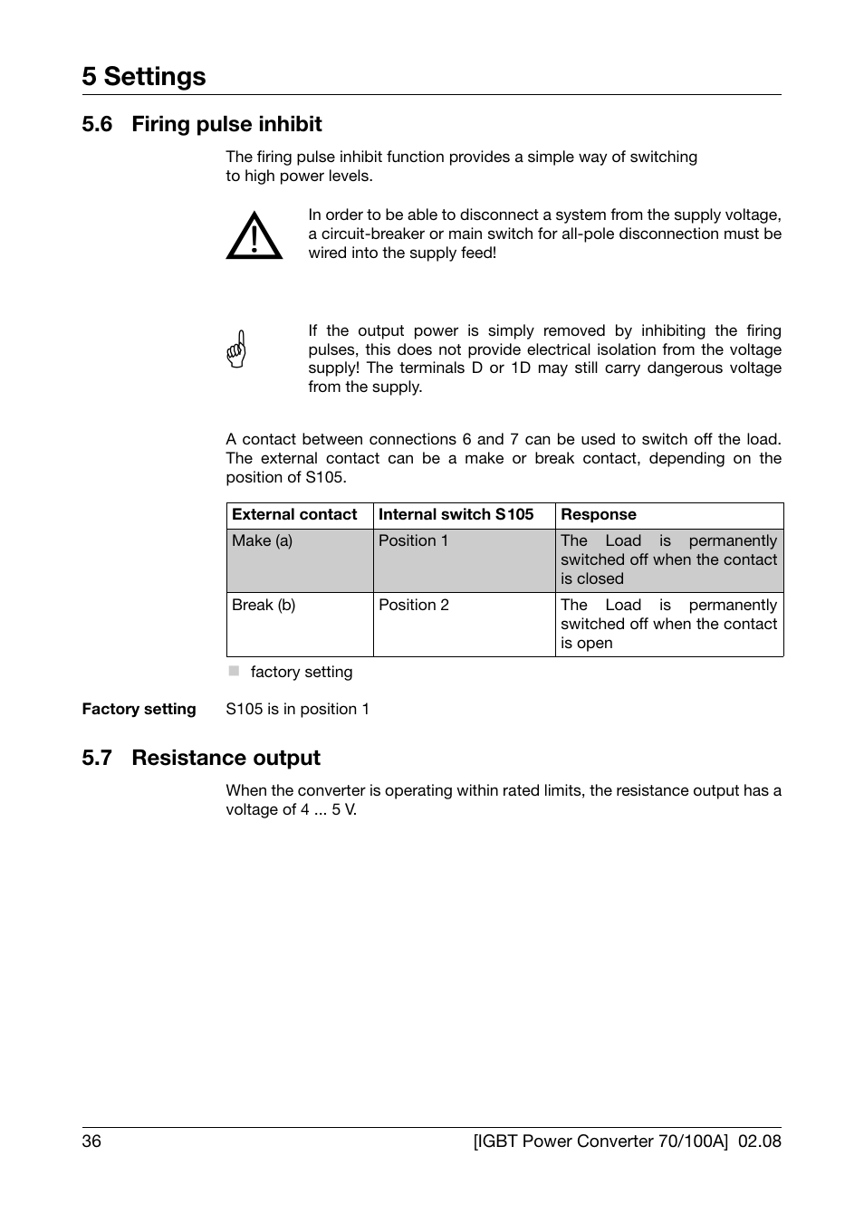 6 firing pulse inhibit, 7 resistance output, Firing pulse inhibit | Resistance output, 5 settings | JUMO 709050 IPC IGBT Power Converter IPC 70/100A Operating Manual User Manual | Page 36 / 52