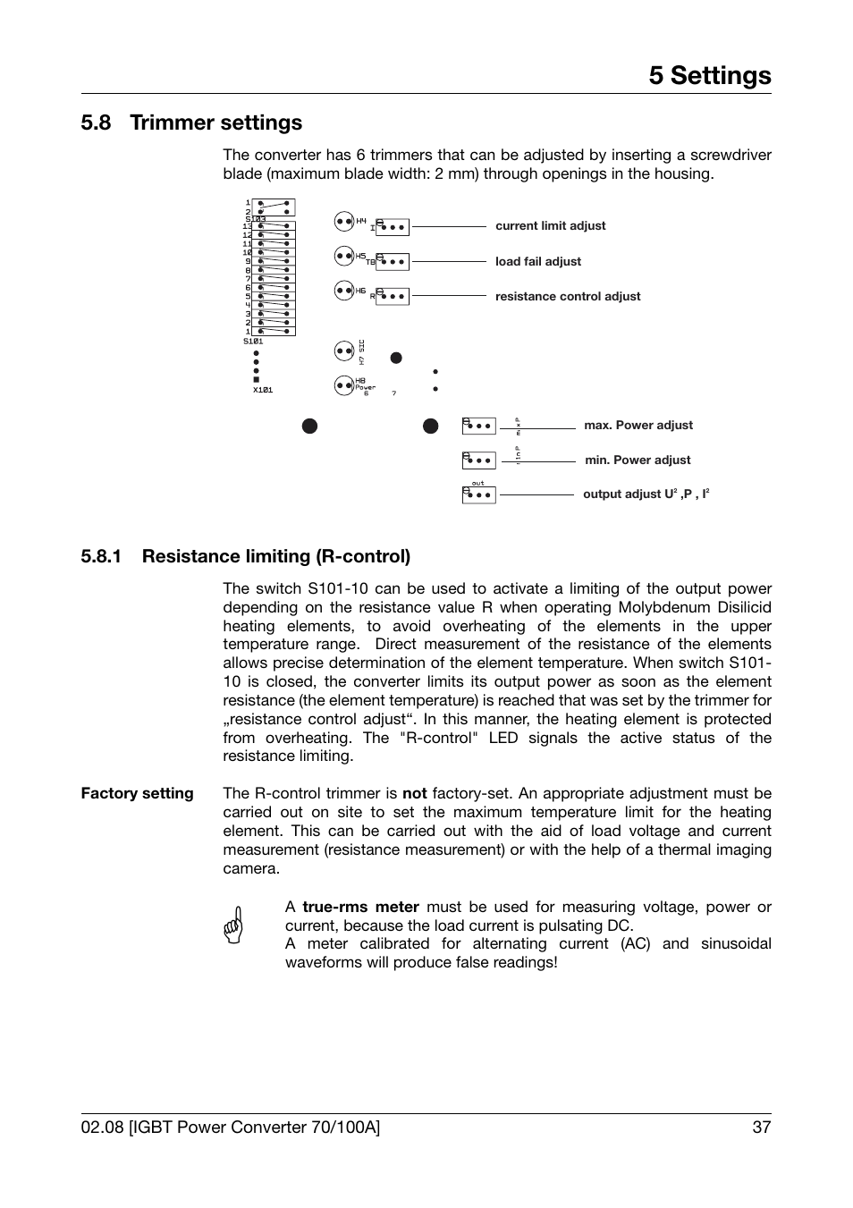 8 trimmer settings, 1 resistance limiting (r-control), Trimmer settings | Resistance limiting (r-control), Chapter 5.8.1 „resistance limiting (r, Control), 5 settings | JUMO 709050 IPC IGBT Power Converter IPC 70/100A Operating Manual User Manual | Page 37 / 52