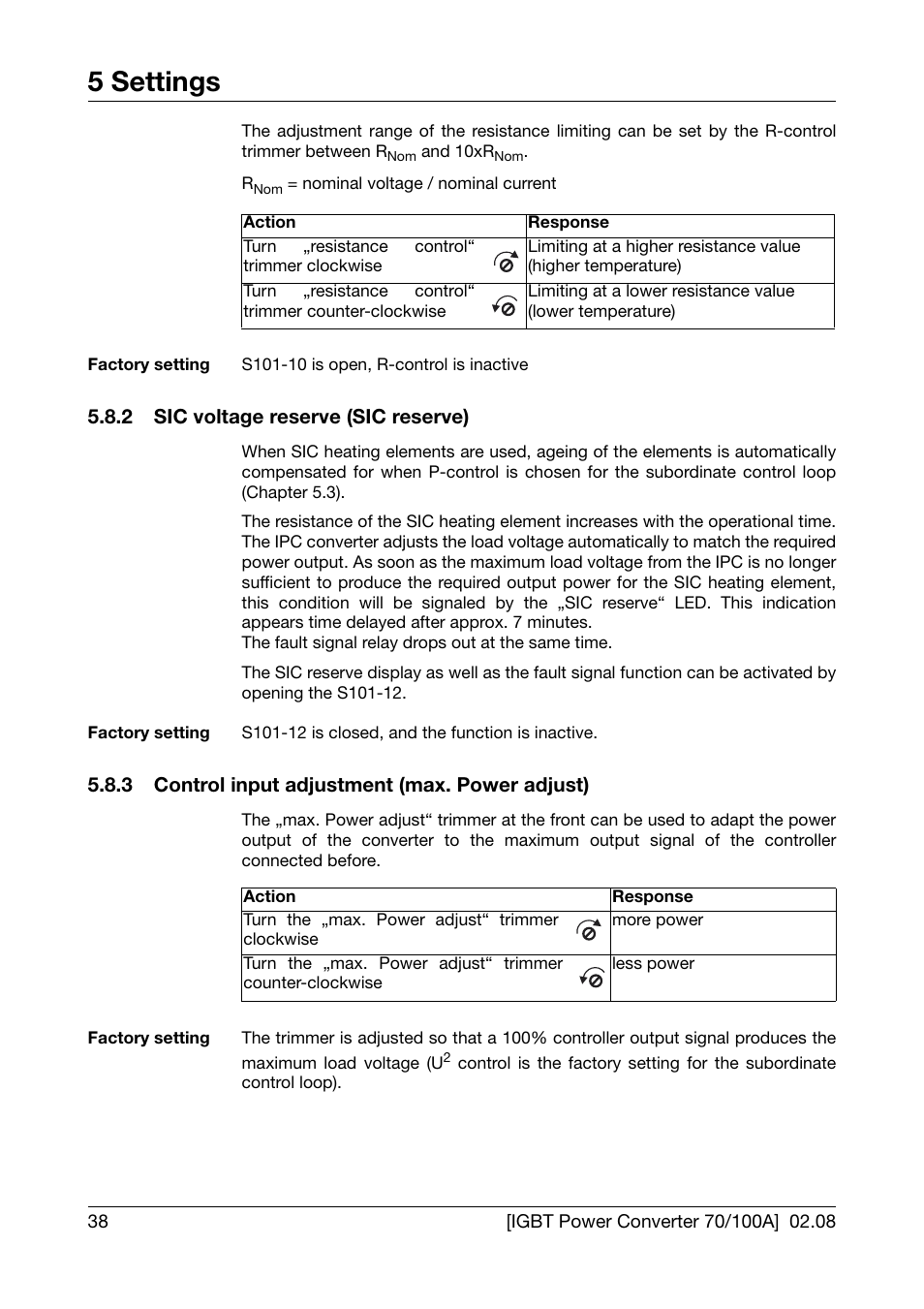 2 sic voltage reserve (sic reserve), 3 control input adjustment (max. power adjust), Sic voltage reserve (sic reserve) | Control input adjustment (max. power adjust), Chapter 5.8.2 „sic voltage reserve (sic, Reserve), 5 settings | JUMO 709050 IPC IGBT Power Converter IPC 70/100A Operating Manual User Manual | Page 38 / 52