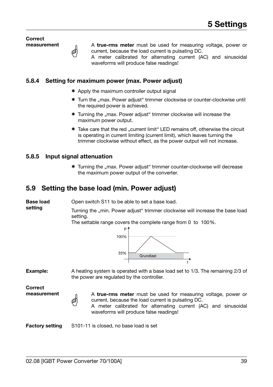 4 setting for maximum power (max. power adjust), 5 input signal attenuation, 9 setting the base load (min. power adjust) | Setting for maximum power (max. power adjust), Input signal attenuation, Setting the base load (min. power adjust), 5 settings | JUMO 709050 IPC IGBT Power Converter IPC 70/100A Operating Manual User Manual | Page 39 / 52