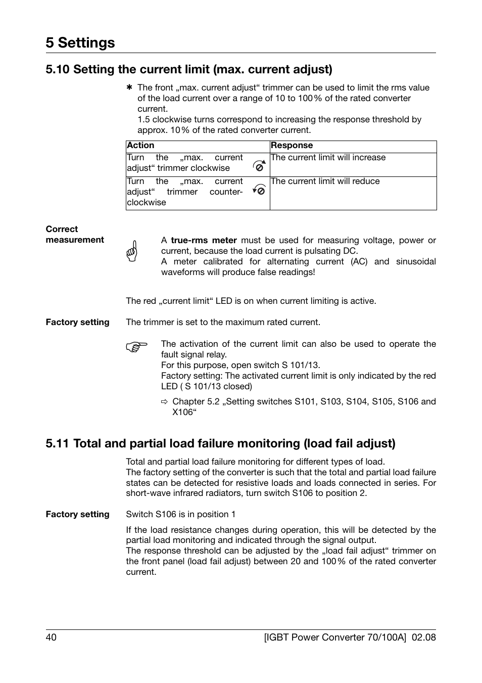 10 setting the current limit (max. current adjust), Setting the current limit (max. current adjust), Adjust) | Chapter 5.11 „total and partial load failure, Monitoring (load fail adjust), 5 settings | JUMO 709050 IPC IGBT Power Converter IPC 70/100A Operating Manual User Manual | Page 40 / 52