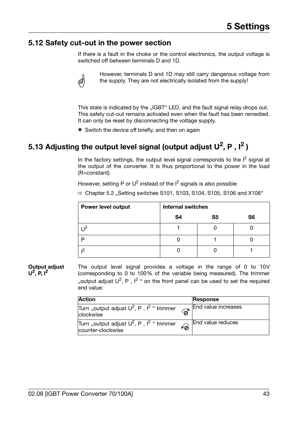 12 safety cut-out in the power section, Safety cut-out in the power section, Adjusting the output level signal (output adjust u | Chapter 5.12 „safety cut-out in the power section, 5 settings, P , i | JUMO 709050 IPC IGBT Power Converter IPC 70/100A Operating Manual User Manual | Page 43 / 52