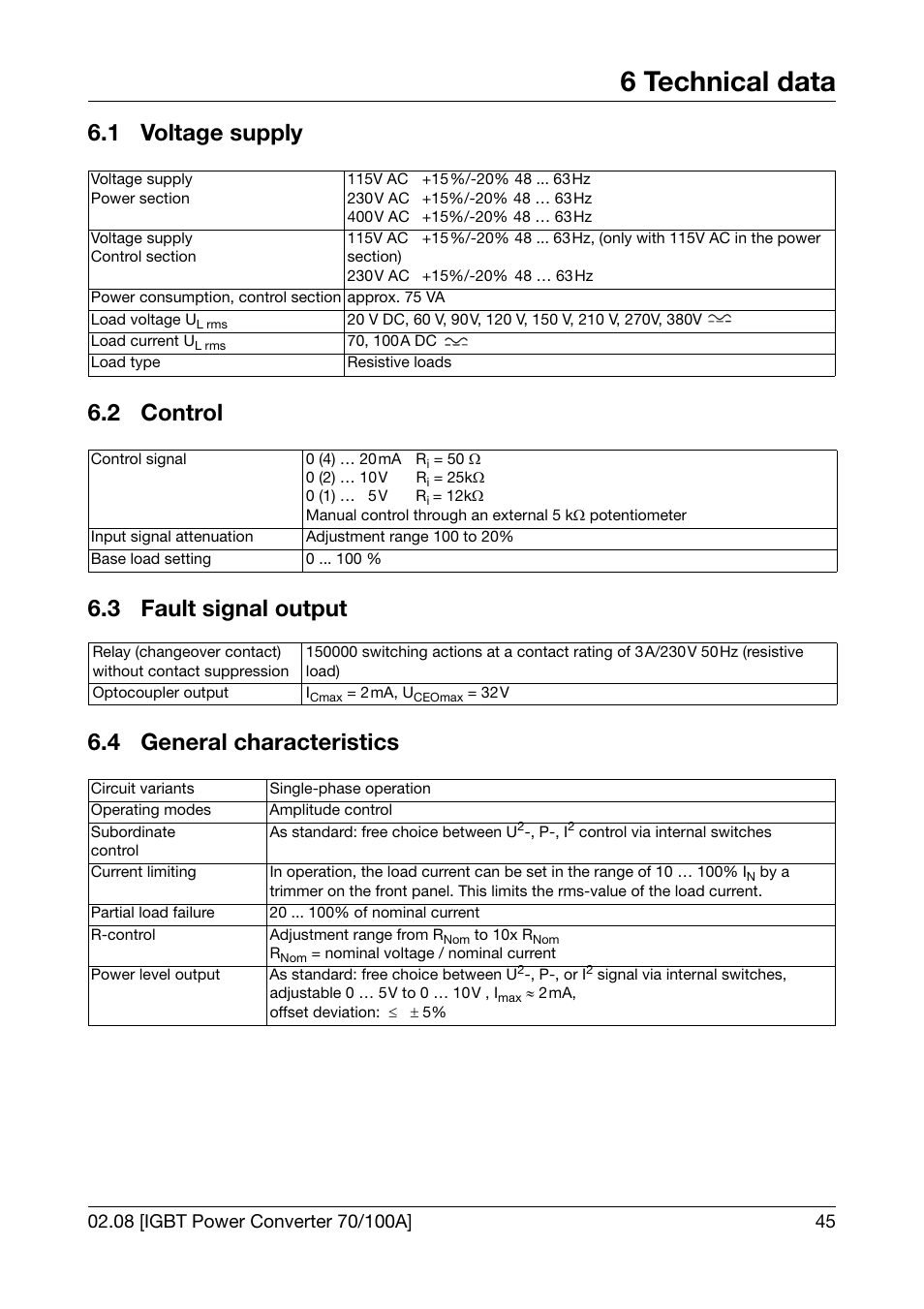 6 technical data, 1 voltage supply, 2 control | 3 fault signal output, 4 general characteristics, Technical data, Voltage supply, Control, Fault signal output, General characteristics | JUMO 709050 IPC IGBT Power Converter IPC 70/100A Operating Manual User Manual | Page 45 / 52