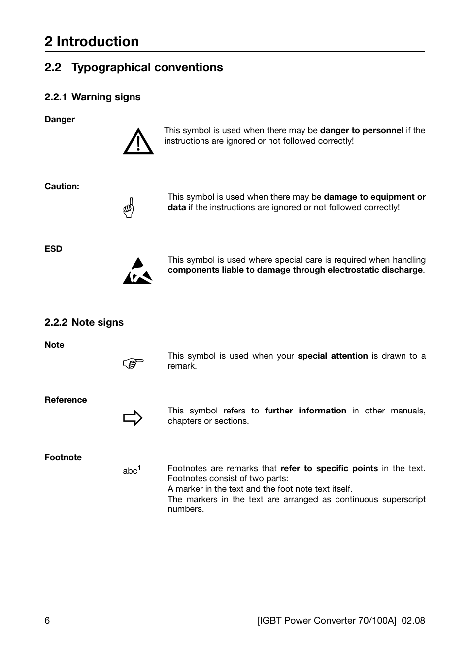 2 typographical conventions, 1 warning signs, 2 note signs | Typographical conventions, Warning signs, Note signs | JUMO 709050 IPC IGBT Power Converter IPC 70/100A Operating Manual User Manual | Page 6 / 52