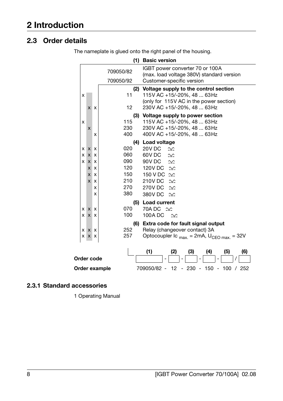 3 order details, 1 standard accessories, Order details | Standard accessories, 2 introduction | JUMO 709050 IPC IGBT Power Converter IPC 70/100A Operating Manual User Manual | Page 8 / 52