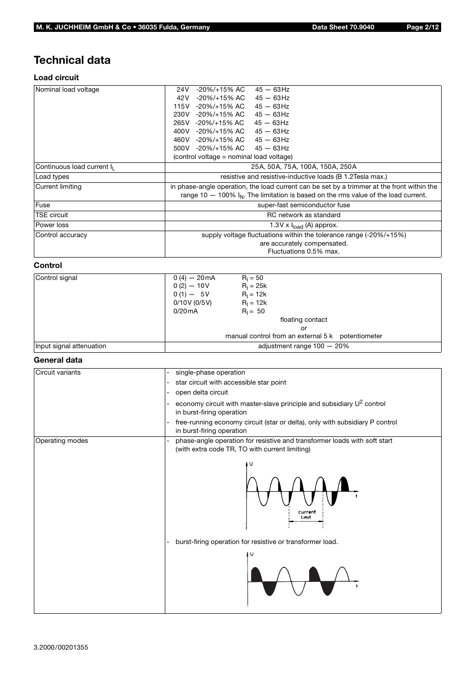 Technical data, Load circuit, Control | General data | JUMO 709040 TYA-110 thyristor power unit Data Sheet User Manual | Page 2 / 12