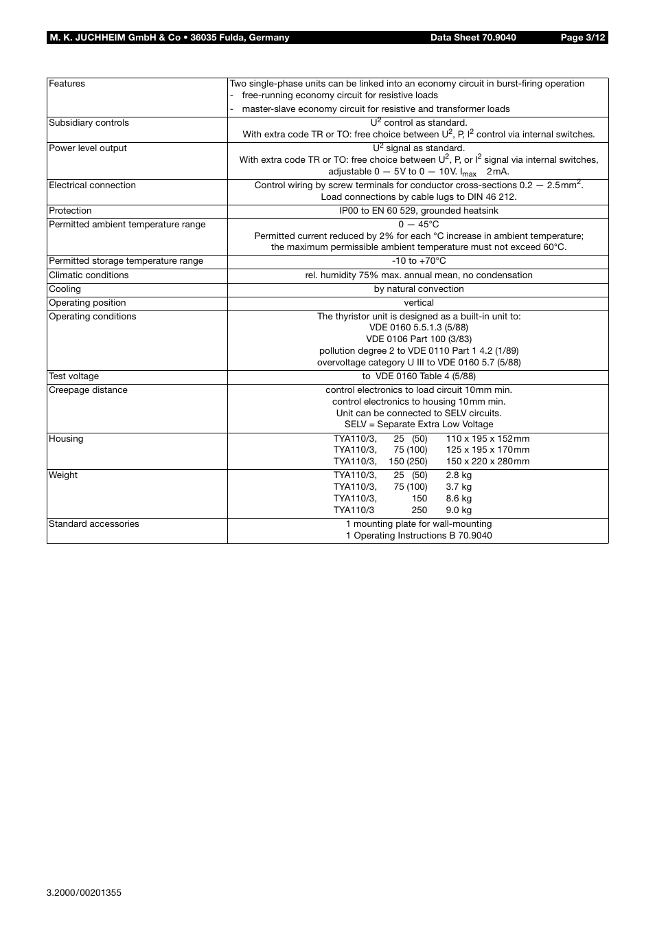 JUMO 709040 TYA-110 thyristor power unit Data Sheet User Manual | Page 3 / 12