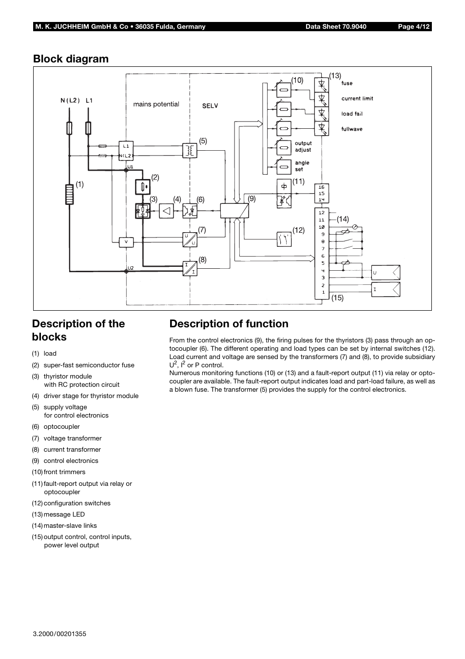 Block diagram, Description of the blocks, Description of function | Block diagram description of the blocks | JUMO 709040 TYA-110 thyristor power unit Data Sheet User Manual | Page 4 / 12