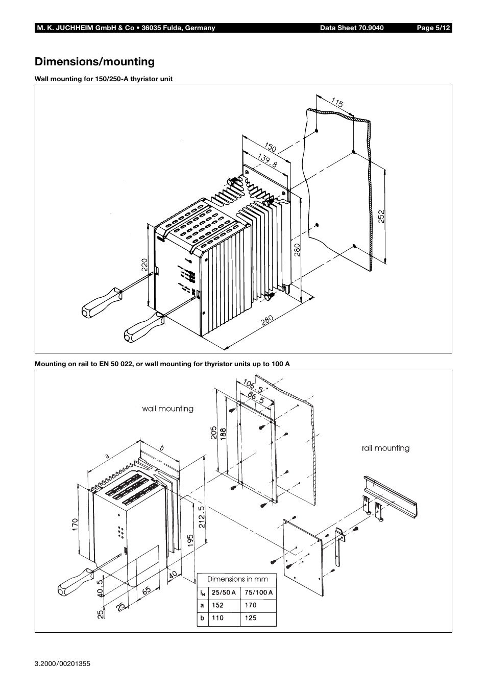 Dimensions/mounting | JUMO 709040 TYA-110 thyristor power unit Data Sheet User Manual | Page 5 / 12