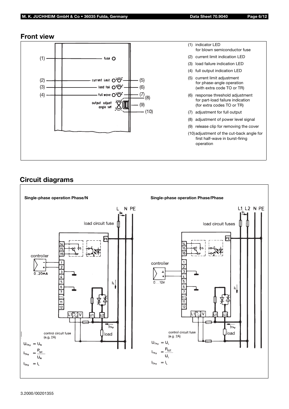 Front view, Circuit diagrams, Front view circuit diagrams | JUMO 709040 TYA-110 thyristor power unit Data Sheet User Manual | Page 6 / 12