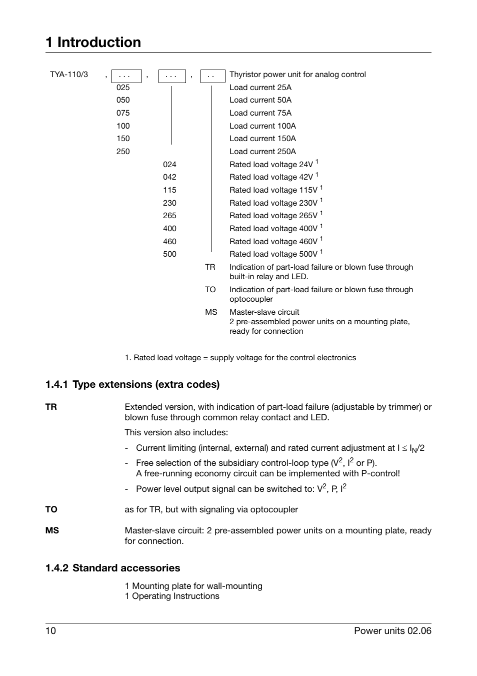 1 type extensions (extra codes), 2 standard accessories, 1 introduction | JUMO 709040 TYA-110 thyristor power unit Operating Manual User Manual | Page 10 / 56